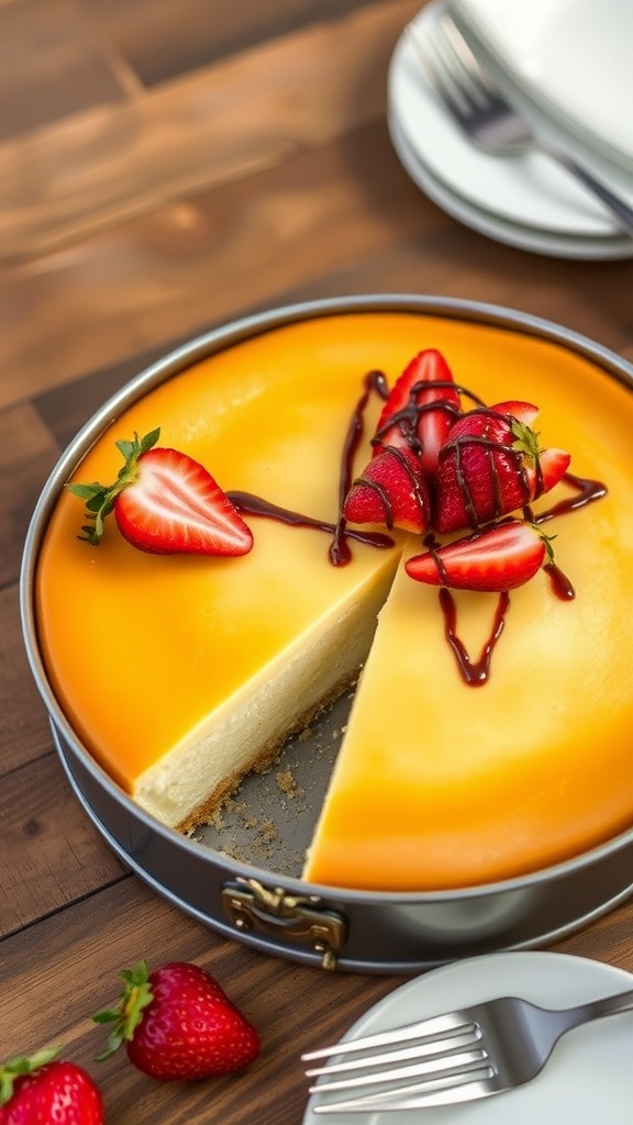 A classic New York-style cheesecake topped with strawberries and chocolate on a wooden table.